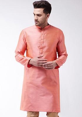 Pink Ethnic Motifs Jacquard Kurta For Men