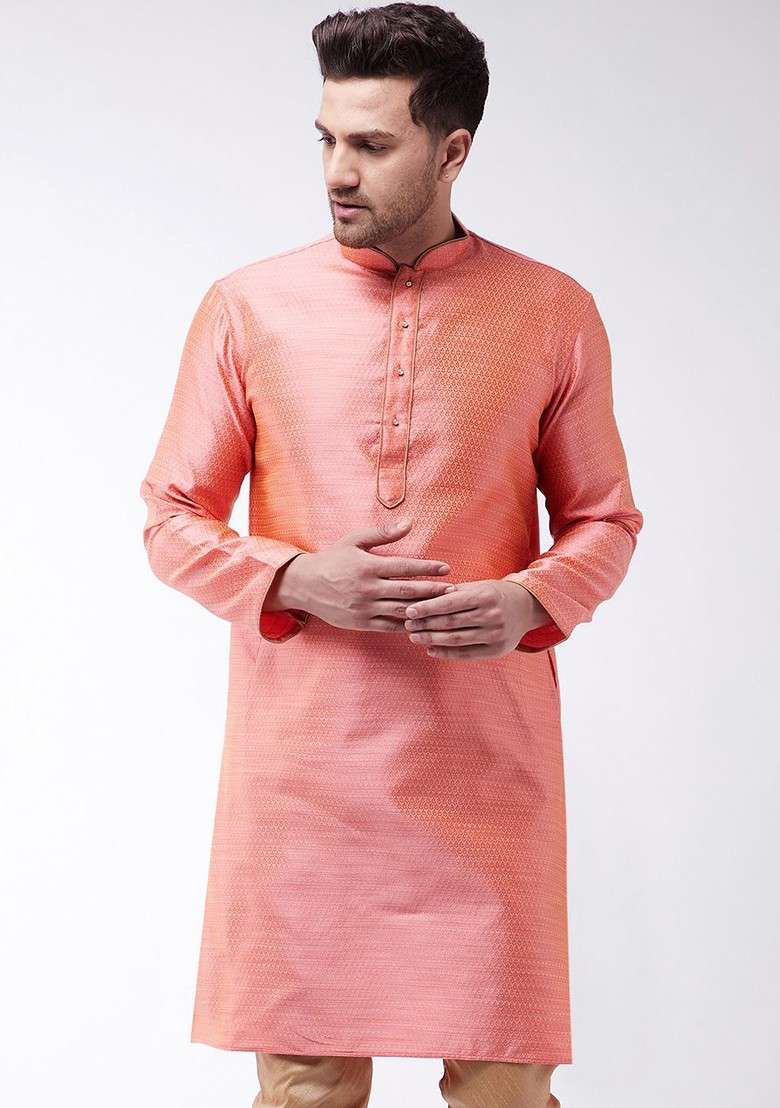 Pink Ethnic Motifs Jacquard Kurta For Men - Indya