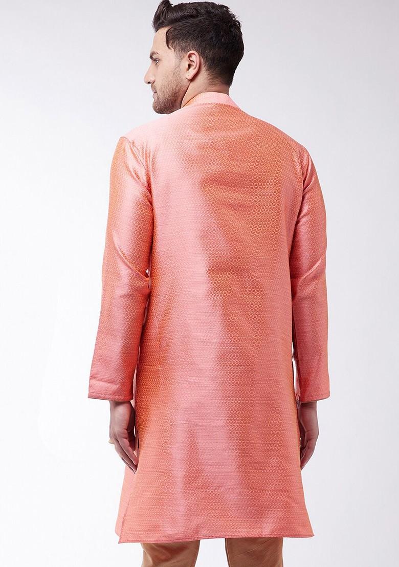 Pink Ethnic Motifs Jacquard Kurta For Men
