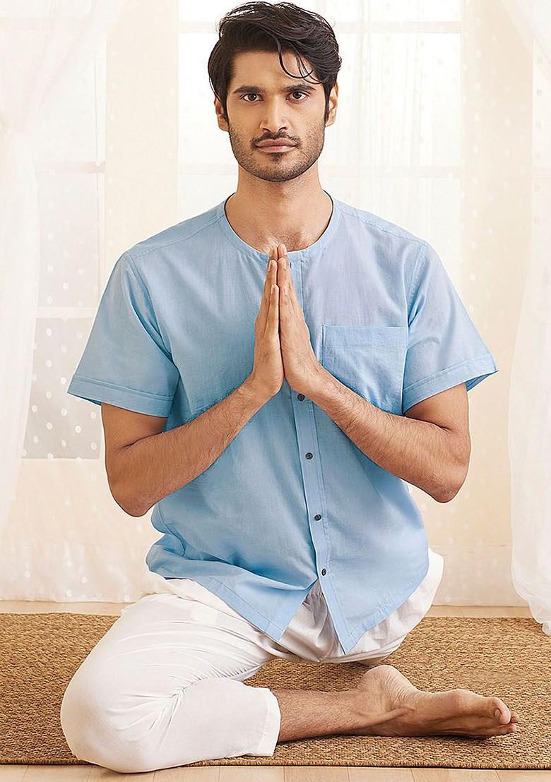 Blue Solid Cotton Kurta For Men