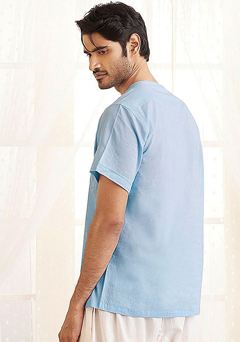 Blue Solid Cotton Kurta For Men
