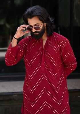 Maroon Embellished Georgette Kurta For Men