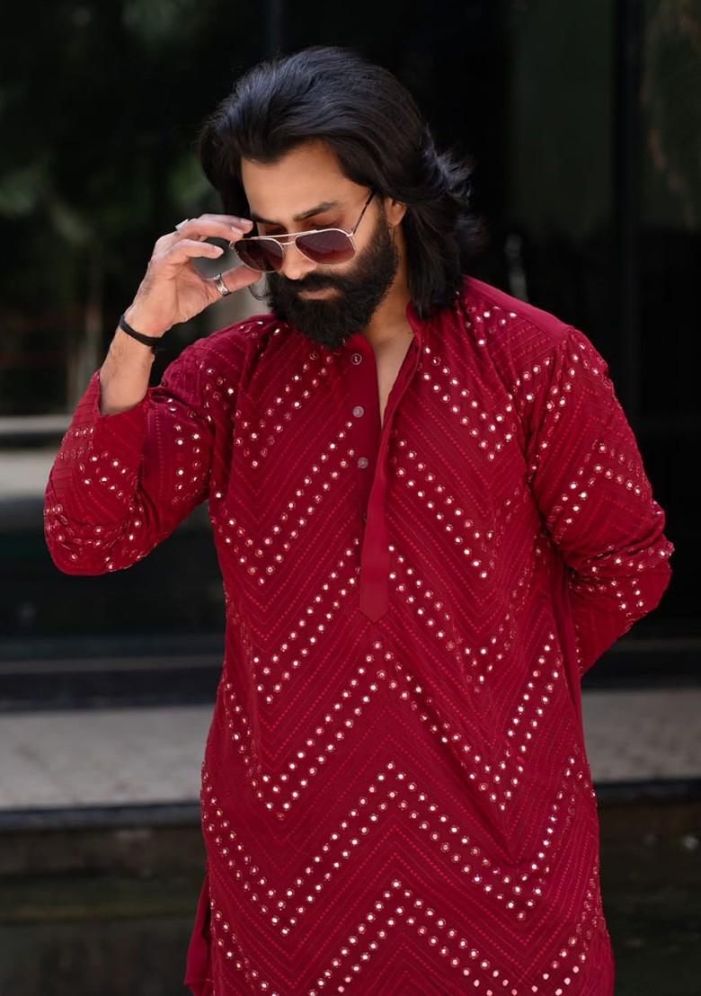 Maroon Embellished Georgette Kurta For Men