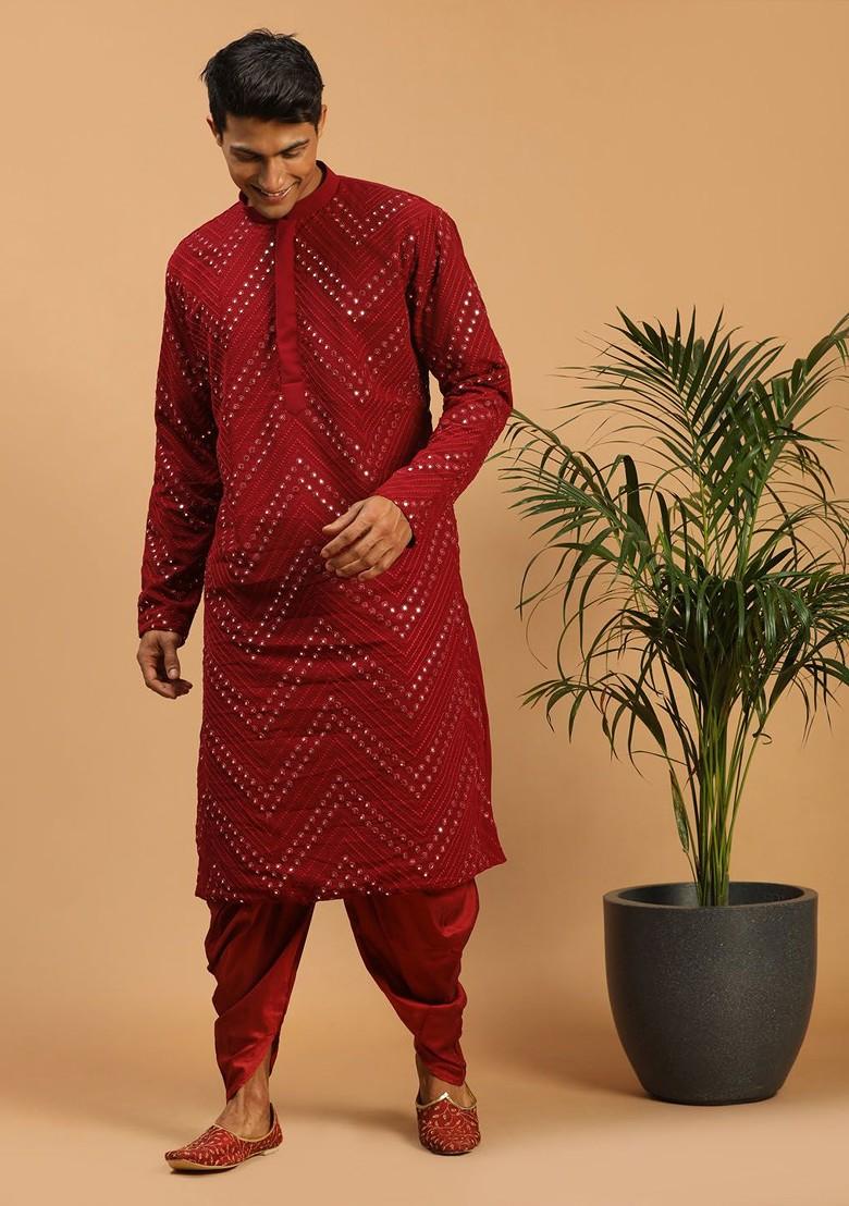 Maroon Embellished Georgette Kurta For Men