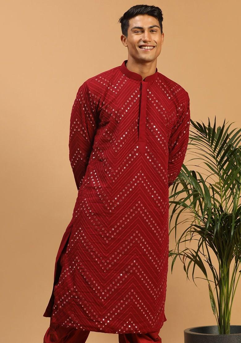 Maroon Embellished Georgette Kurta For Men