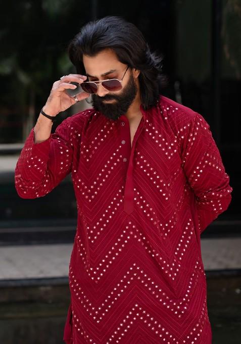 Maroon Embellished Georgette Kurta For Men