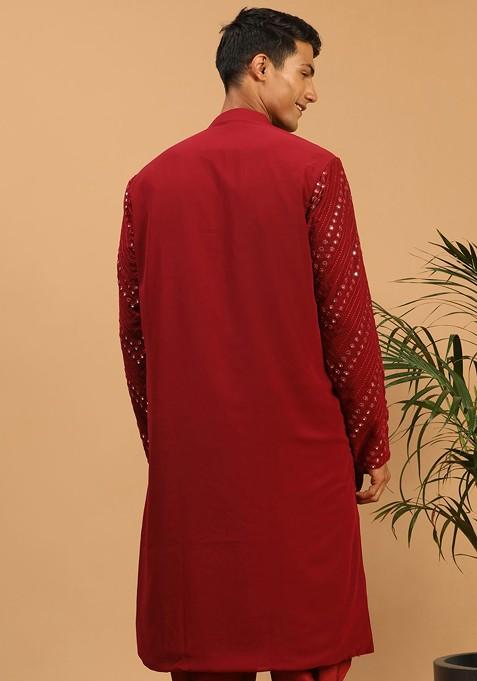 Maroon Embellished Georgette Kurta For Men