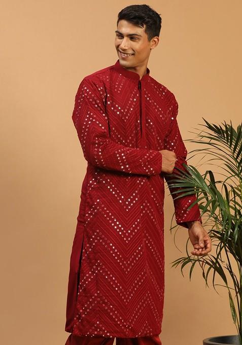 Maroon Embellished Georgette Kurta For Men