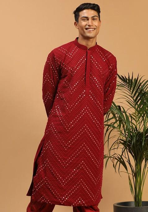 Maroon Embellished Georgette Kurta For Men