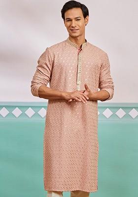 Peach Embroidered Poly Blend Kurta For Men