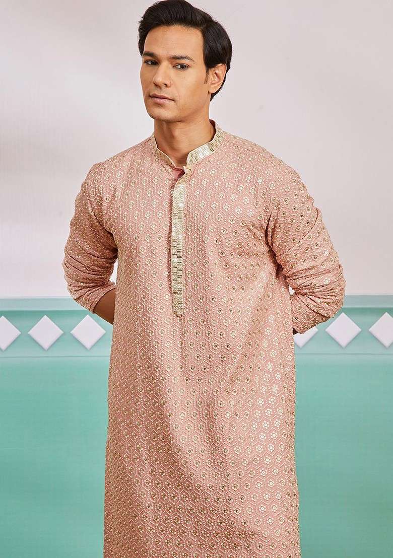 Peach Embroidered Poly Blend Kurta For Men - Indya
