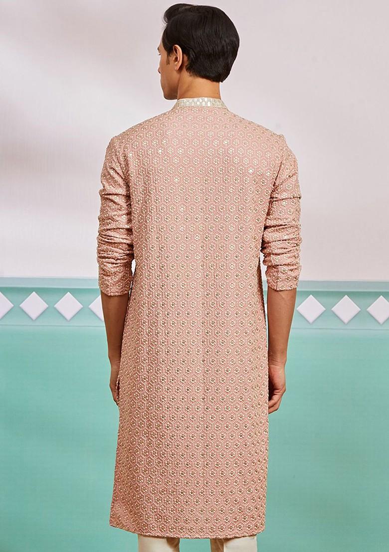 Peach Embroidered Poly Blend Kurta For Men