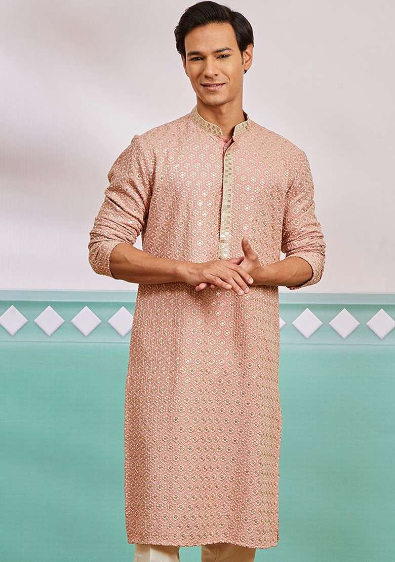 Peach Embroidered Poly Blend Kurta For Men - Indya