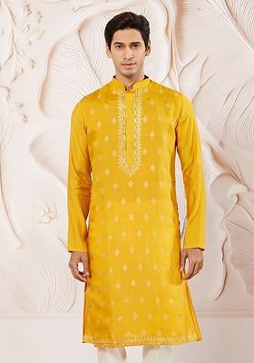 Yellow Embroidered Silk Kurta For Men
