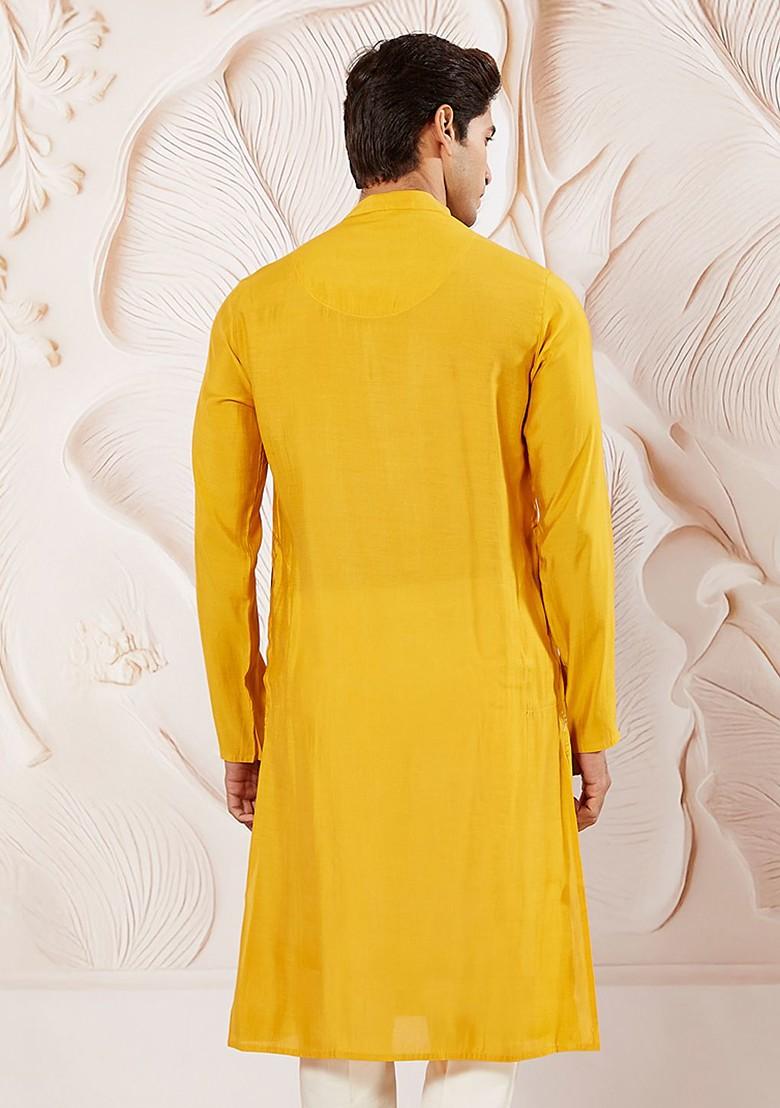Yellow Embroidered Silk Kurta For Men