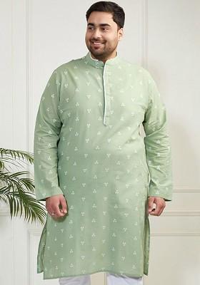Green Solid Jacquard Kurta For Men