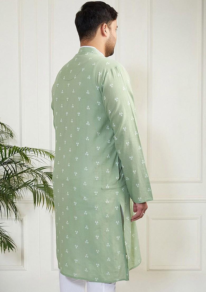 Green Solid Jacquard Kurta For Men