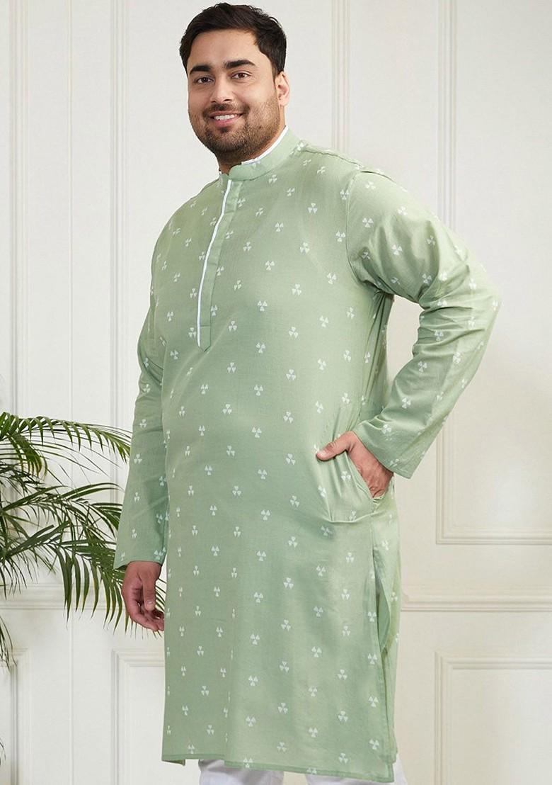 Green Solid Jacquard Kurta For Men