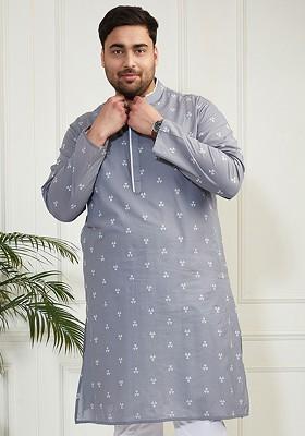 Grey Geometric Print Jacquard Kurta For Men
