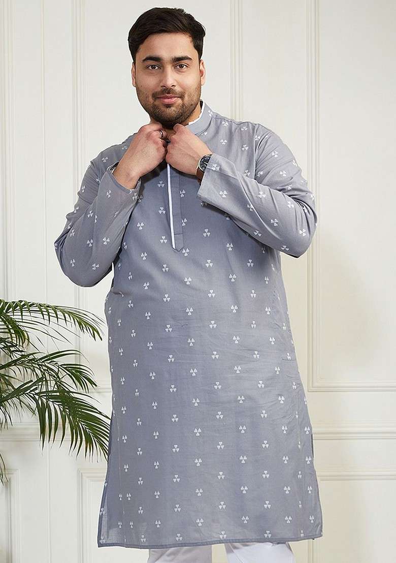 Grey Geometric Print Jacquard Kurta For Men - Indya