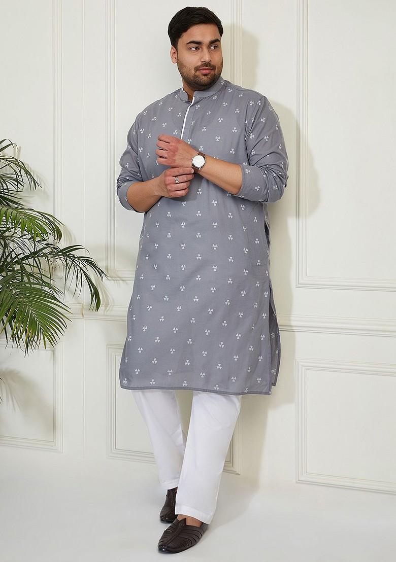 Grey Geometric Print Jacquard Kurta For Men