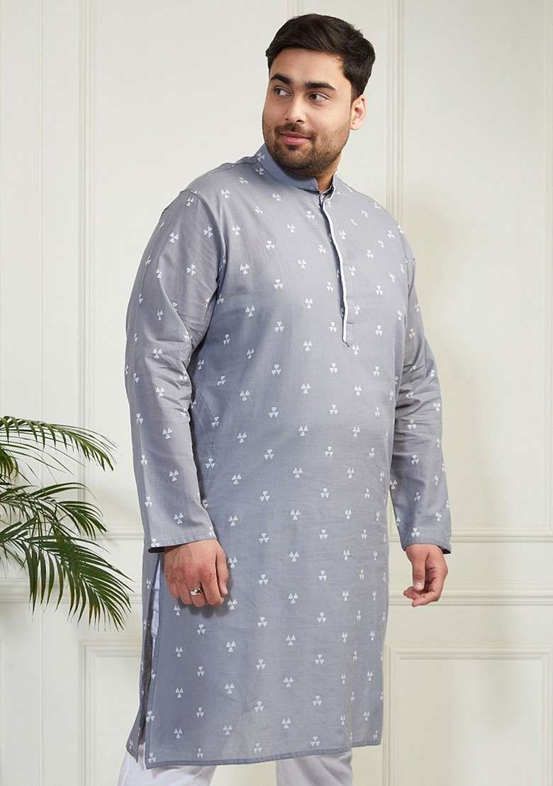 Grey Geometric Print Jacquard Kurta For Men - Indya