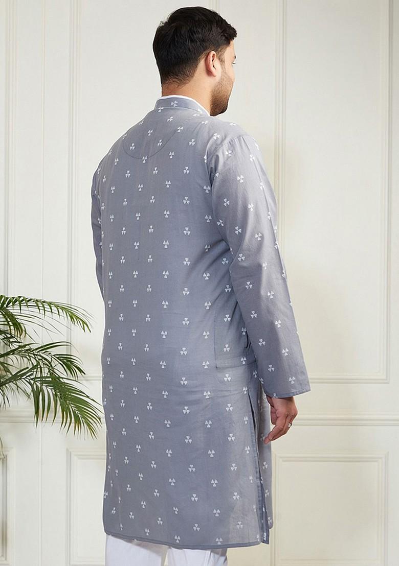 Grey Geometric Print Jacquard Kurta For Men