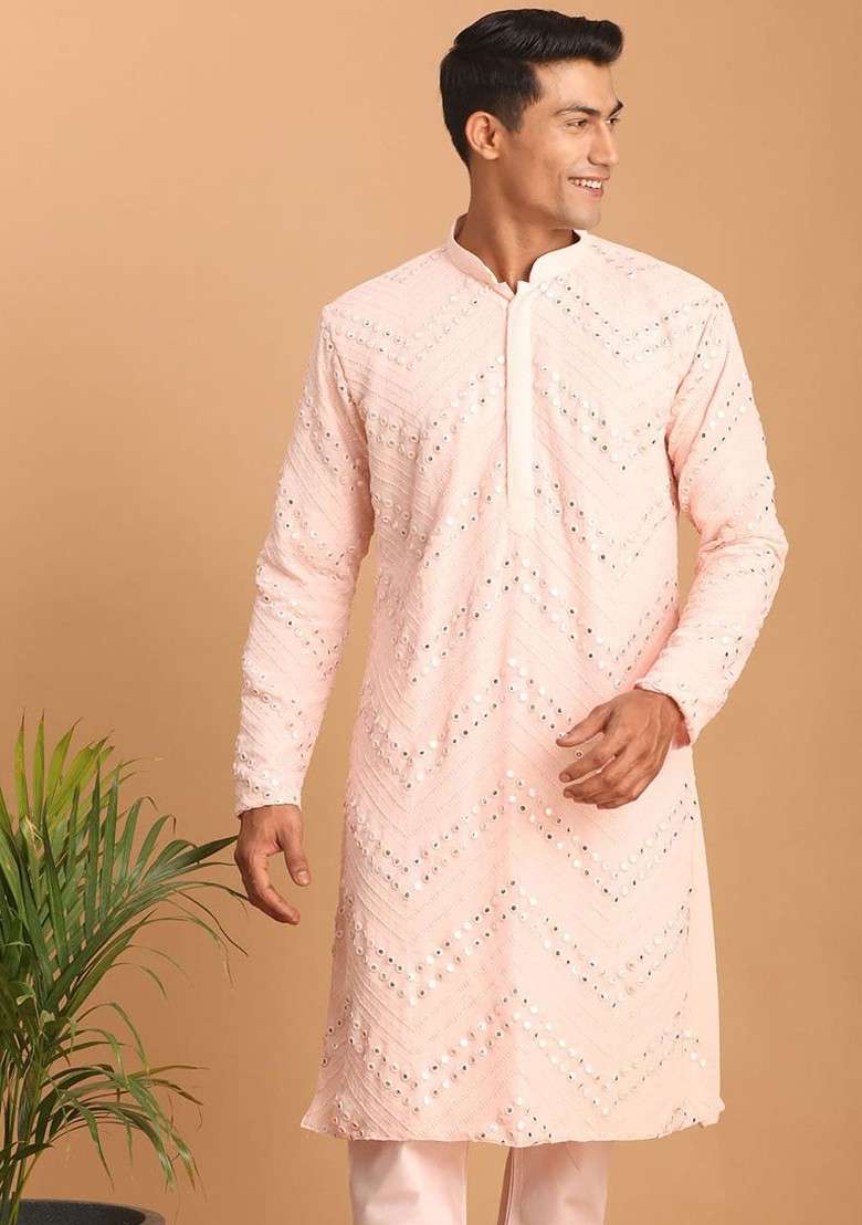 Peach Embroidered Georgette Kurta For Men - Indya