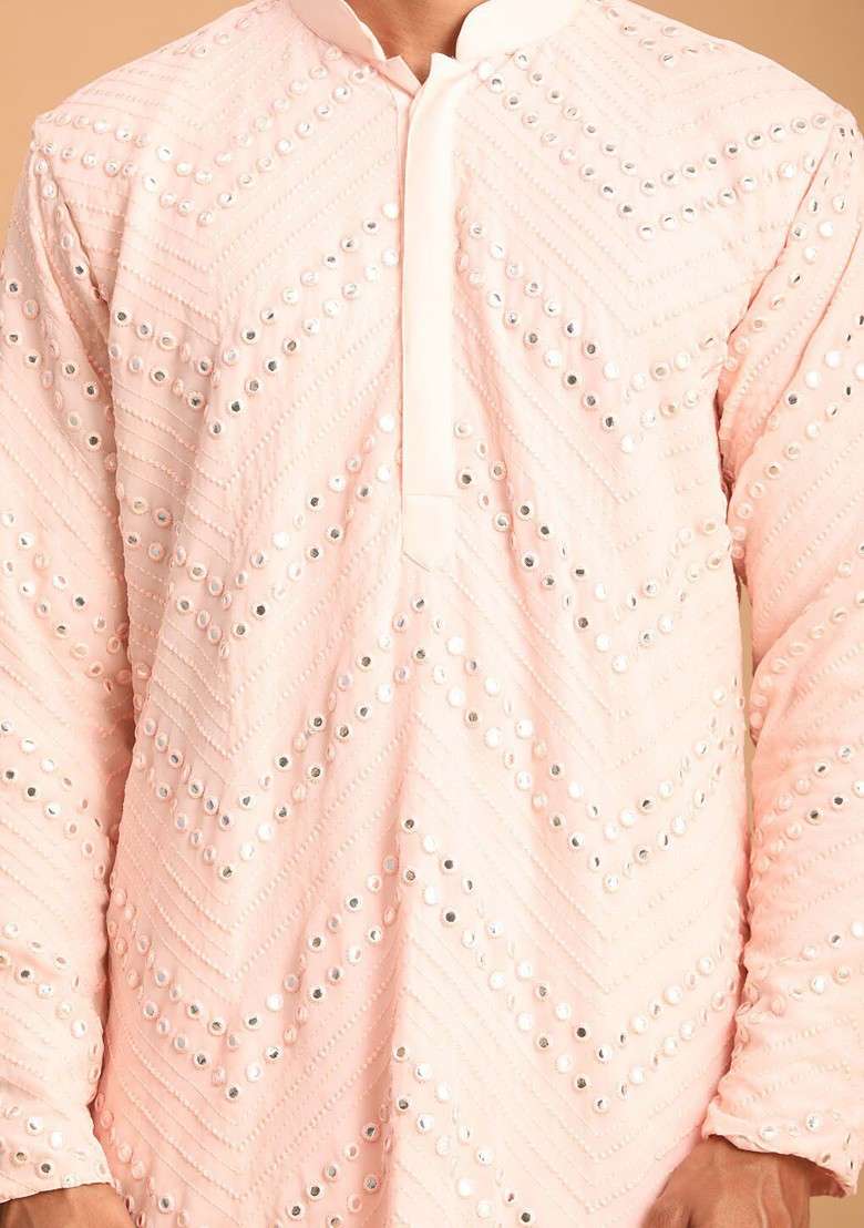 Peach Embroidered Georgette Kurta For Men - Indya