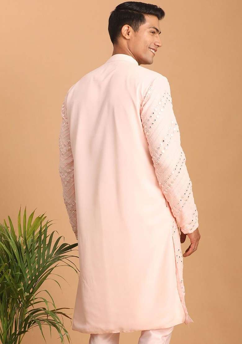 Peach Embroidered Georgette Kurta For Men - Indya