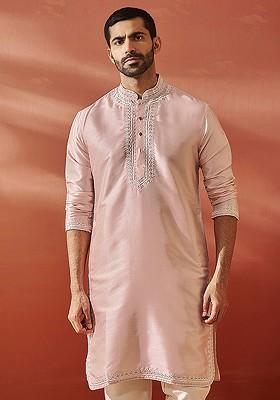 Peach Ethnic Motifs Poly Blend Kurta For Men