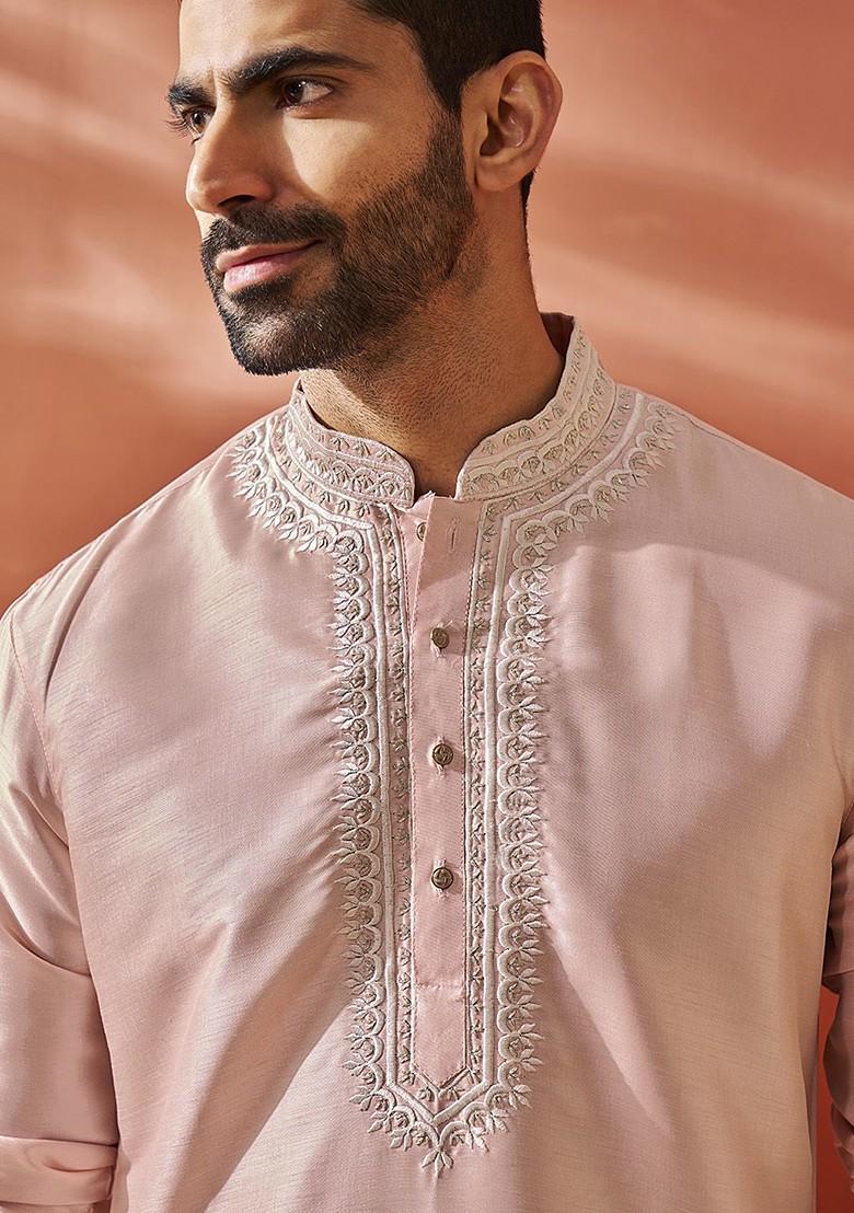 Peach Ethnic Motifs Poly Blend Kurta For Men