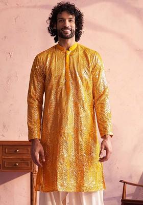 Yellow Embellished Poly Blend Kurta For Men