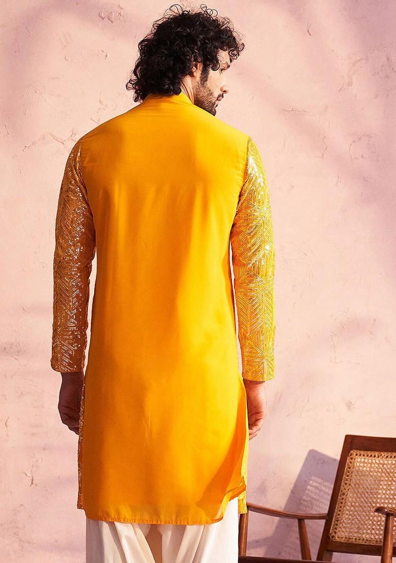 Yellow Embellished Poly Blend Kurta For Men