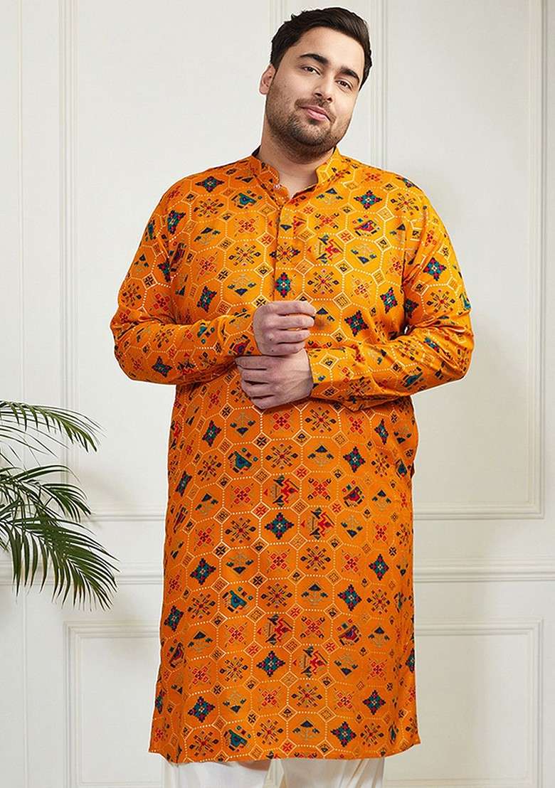 Yellow Ethnic Motifs Poly Blend Kurta For Men - Indya