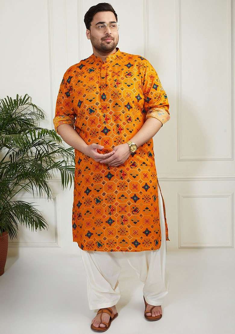 Yellow Ethnic Motifs Poly Blend Kurta For Men - Indya