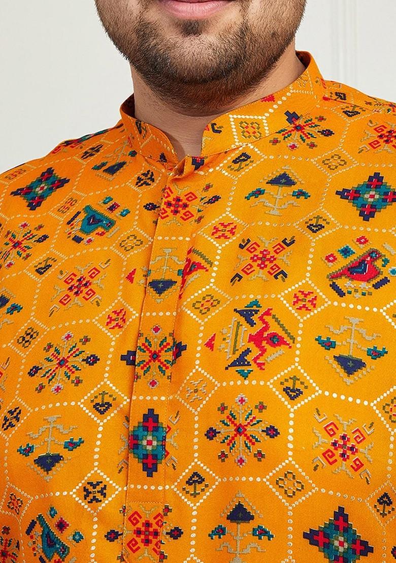 Yellow Ethnic Motifs Poly Blend Kurta For Men