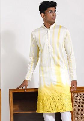 Cream Printed Poly Blend Kurta For Men