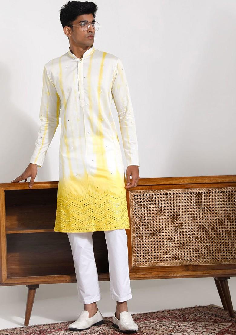 Cream Printed Poly Blend Kurta For Men