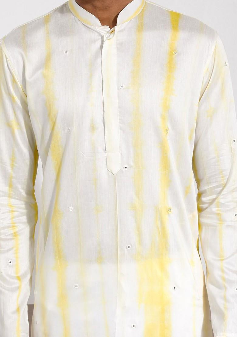 Cream Printed Poly Blend Kurta For Men