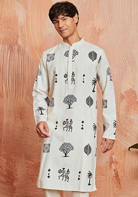Cream Abstract Print Cotton Kurta For Men