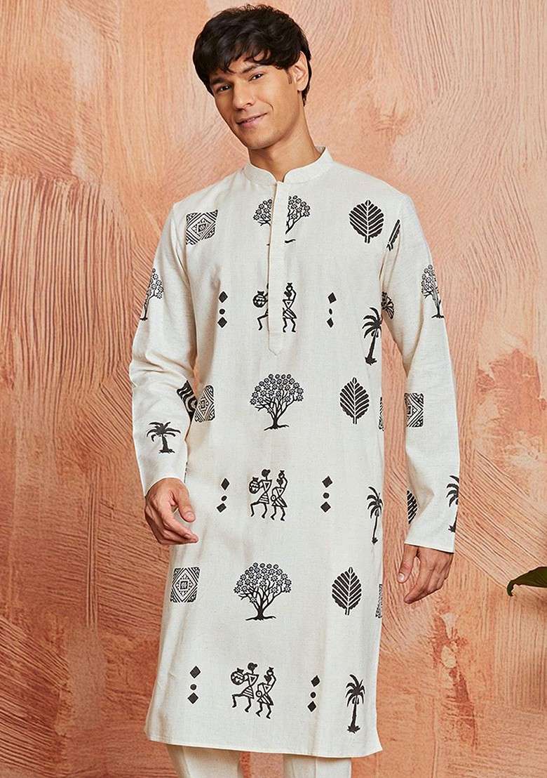 Cream Abstract Print Cotton Kurta For Men - Indya