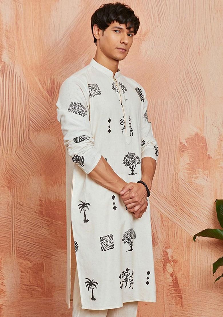 Cream Abstract Print Cotton Kurta For Men