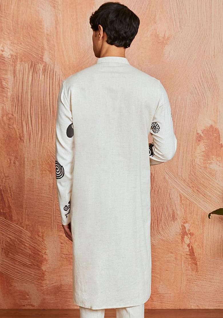 Cream Abstract Print Cotton Kurta For Men - Indya