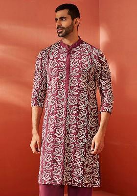 White Geometric Print Georgette Kurta For Men
