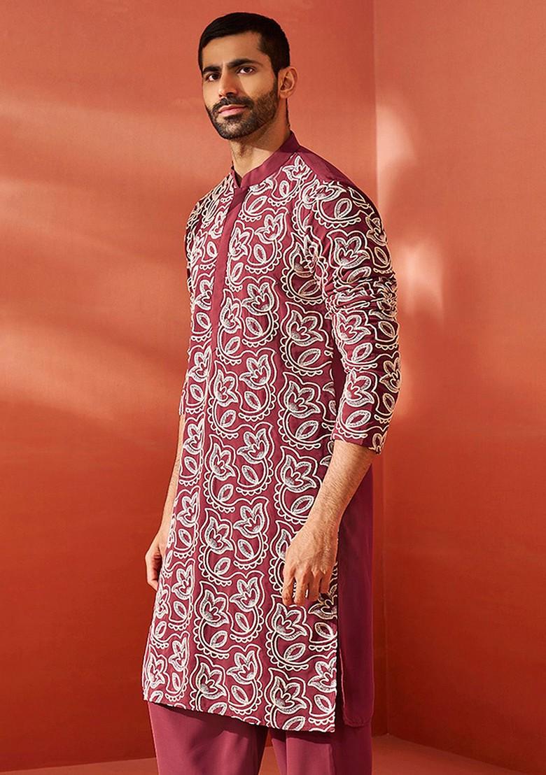 White Geometric Print Georgette Kurta For Men