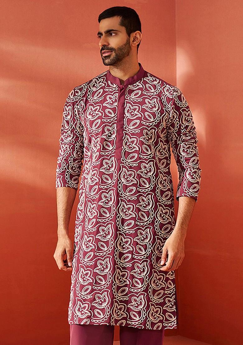 White Geometric Print Georgette Kurta For Men