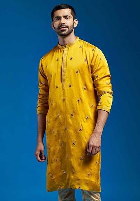 Mustard Floral Print Poly Blend Kurta For Men