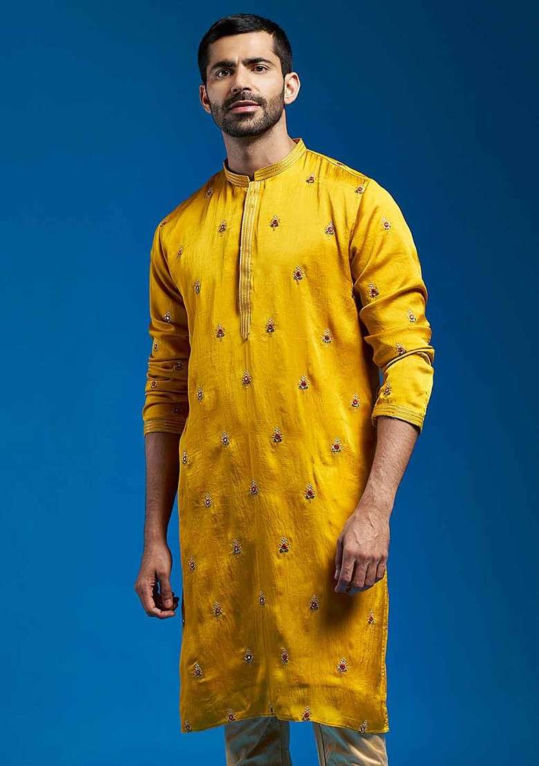 Mustard Floral Print Poly Blend Kurta For Men - Indya