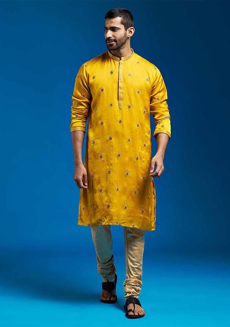 Mustard Floral Print Poly Blend Kurta For Men